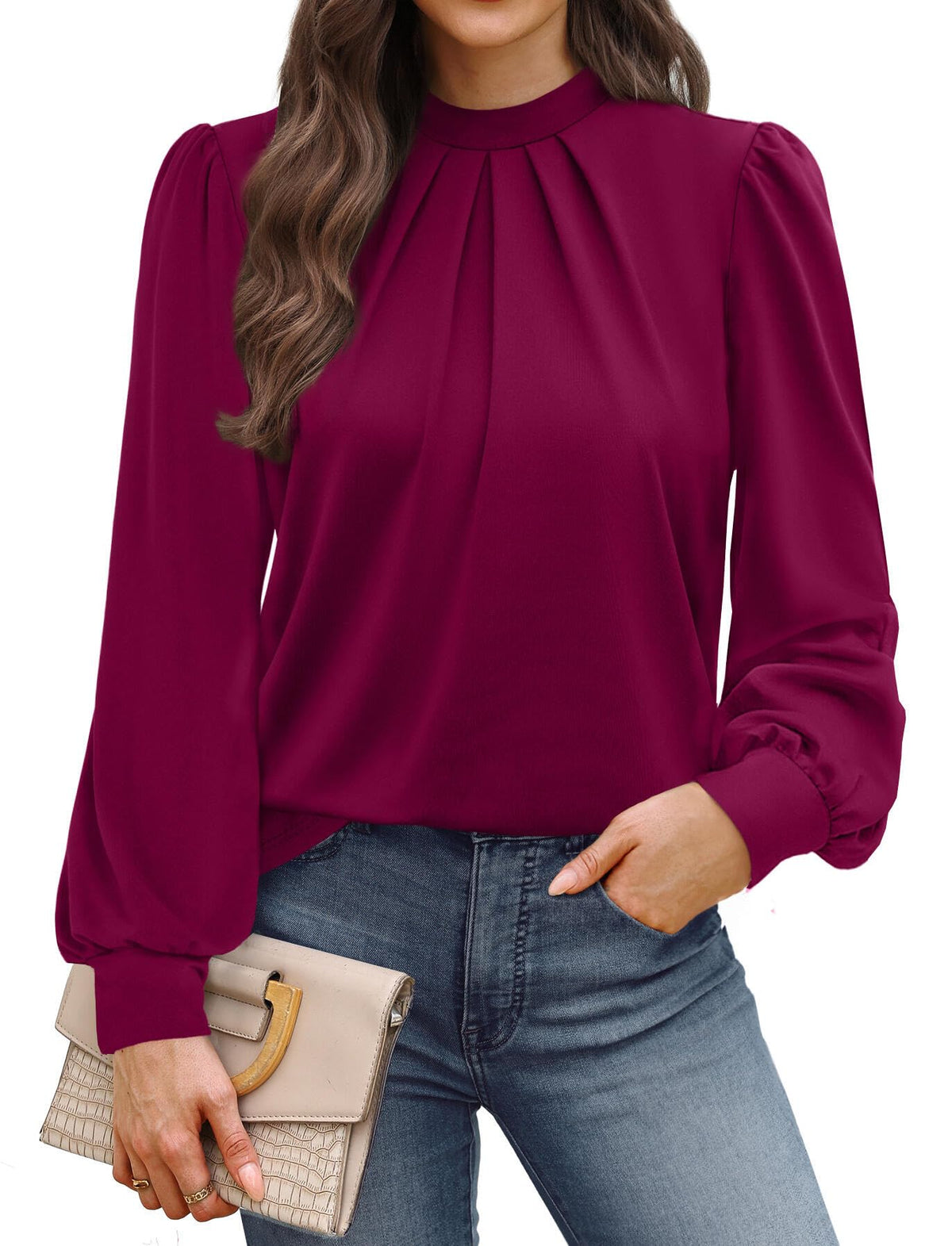 WIHOLL Long Sleeve Shirts for Women Mock Neck Tops Pleated Front Blouses Dressy Casual Spring Fall Clothes 2026 Fashion