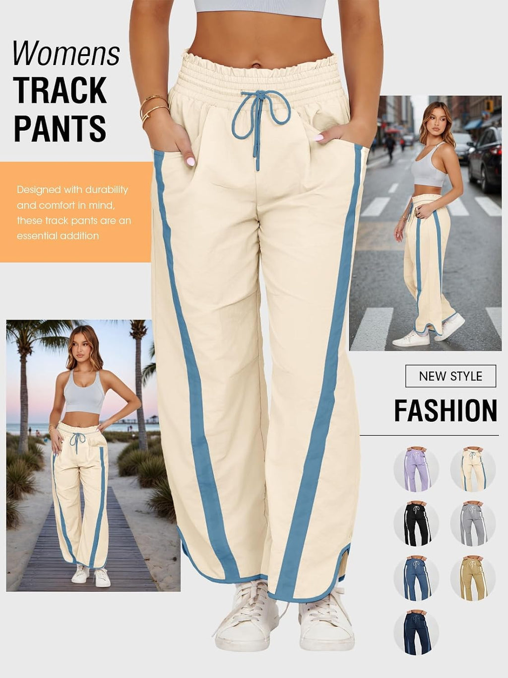 Fisoew Women's Baggy Wide Leg Pants Casual Drawstring Elastic Waisted Contrast Color Workout Y2K Track Pants