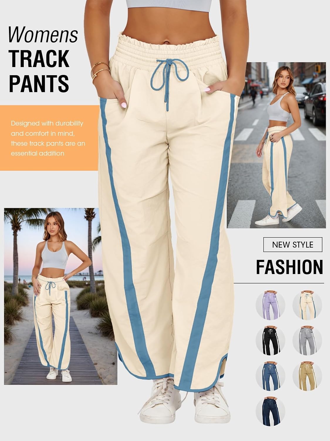 Fisoew Women's Baggy Wide Leg Pants Casual Drawstring Elastic Waisted Contrast Color Workout Y2K Track Pants