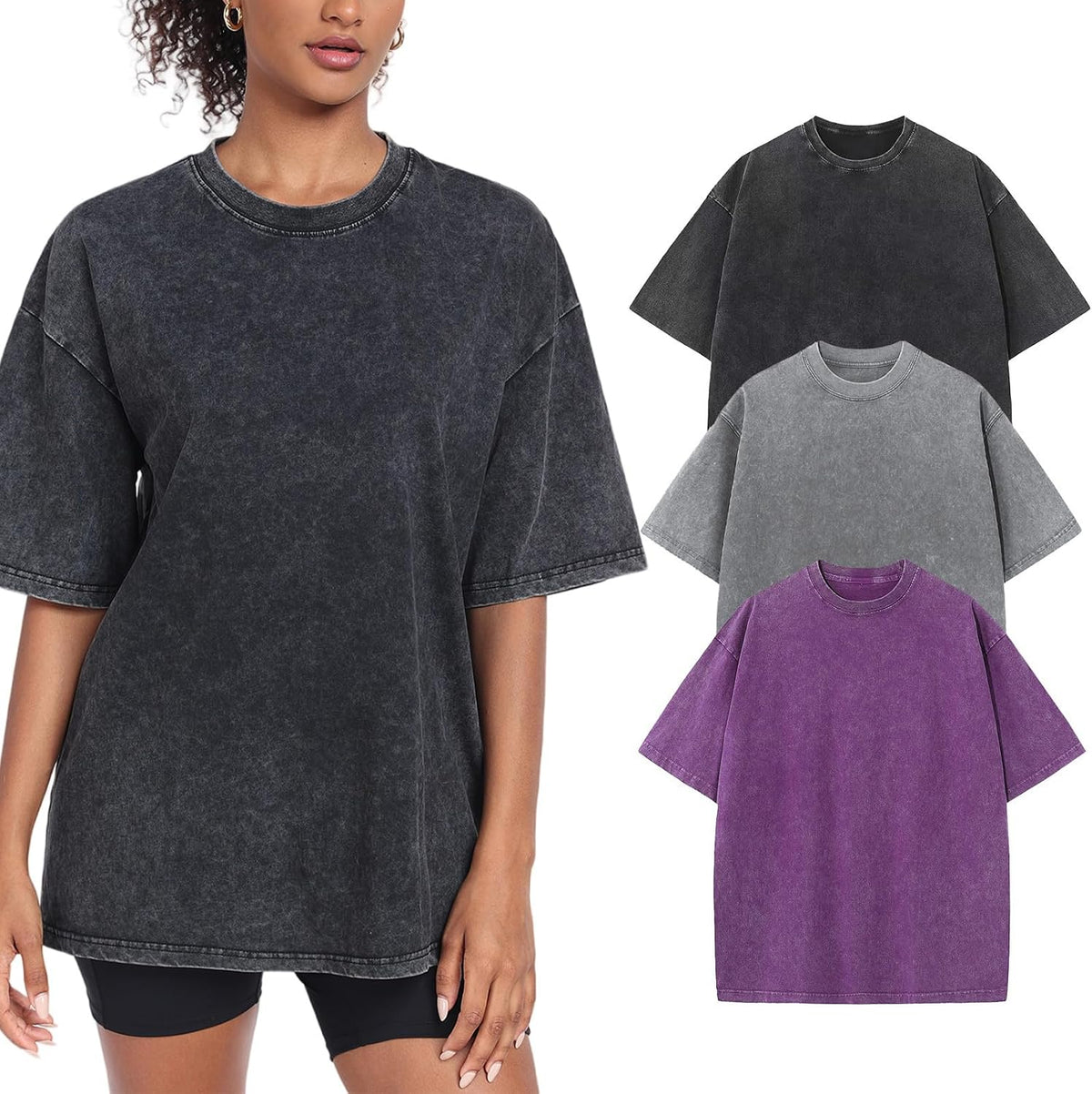 Womens Washed Vintage Oversized T-Shirt Baggy Workout Tops Short Sleeve Cotton Tshirts Streetwear Boyfriend Tee