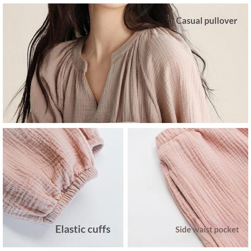 Women’s Double-Layer Gauze Long-Sleeve Top & Pants Set