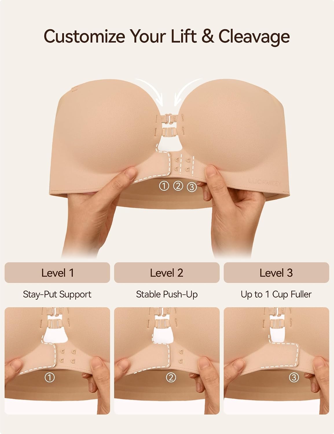 LUCKMEEY Women's Strapless Front Closure Push Up Bra, Non-Slip Removable Straps, Wireless Seamless, A-C Cup