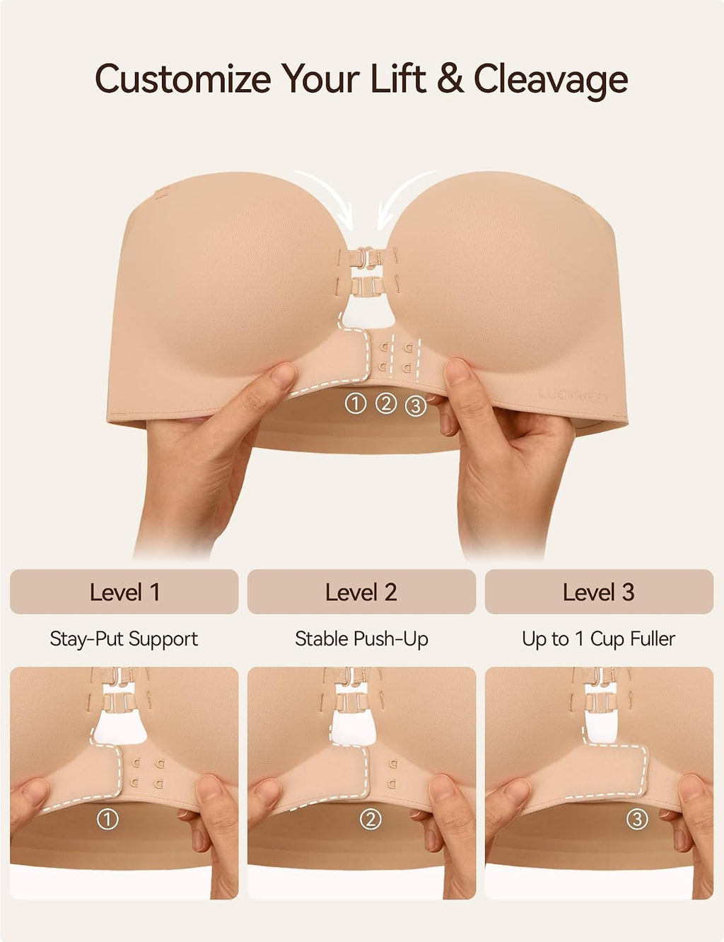 LUCKMEEY Women's Strapless Front Closure Push Up Bra, Non-Slip Removable Straps, Wireless Seamless, A-C Cup