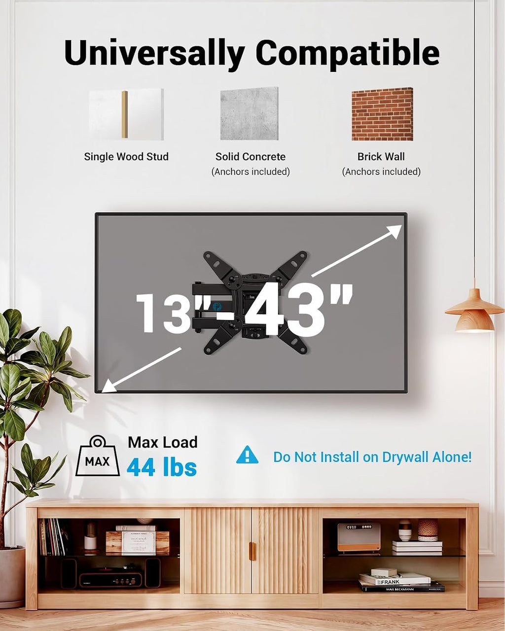 Pipishell TV Wall Mount for 26-74 inch LED LCD OLED 4K TVs up to 99lbs, Full Motion TV Mount Bracket Articulating Swivel Extension Tilting Leveling Max VESA 400x400mm, Fits 12/16 Inch Wood Studs