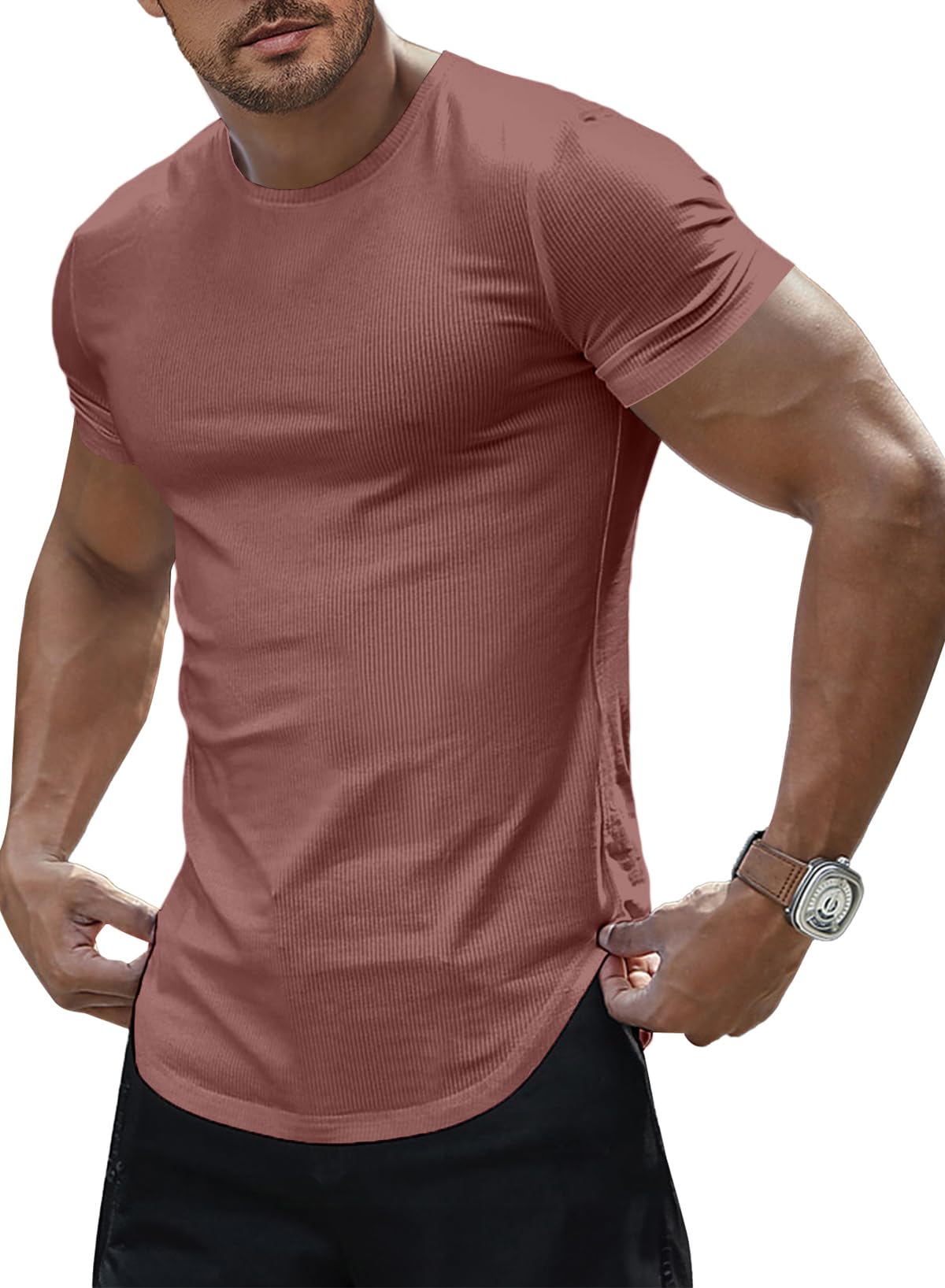 JMIERR Mens Short Sleeve T Shirt Summer Muscle Slim Fitted Crewneck Longline Tees Shirts for Gym Workout