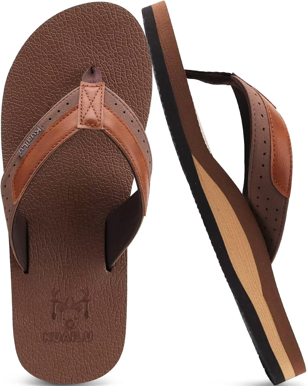 KuaiLu Mens Faux Leather Flip Flops with Comfortable Arch Support