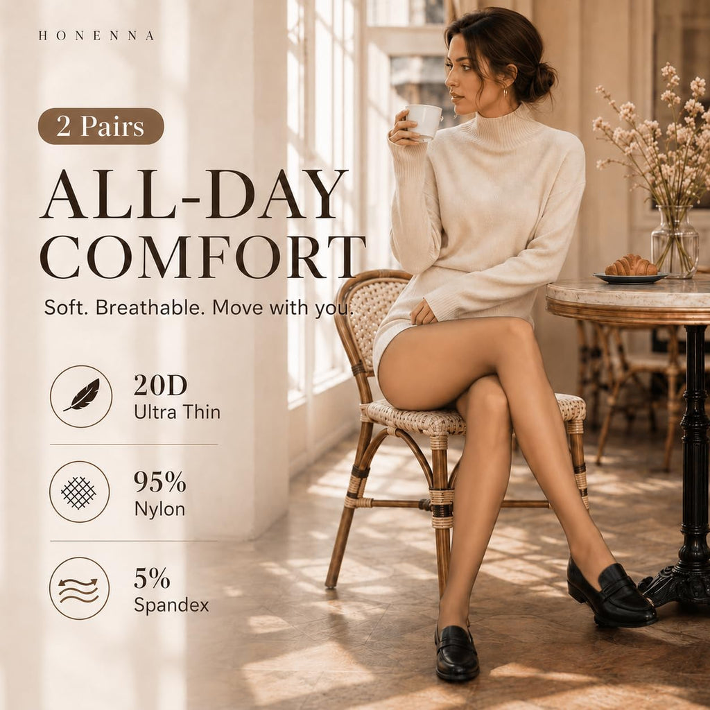 HONENNA Sheer Tights for Women 2 Pairs Ultra Thin Reinforced T Crotch Control Top Pantyhose Stockings