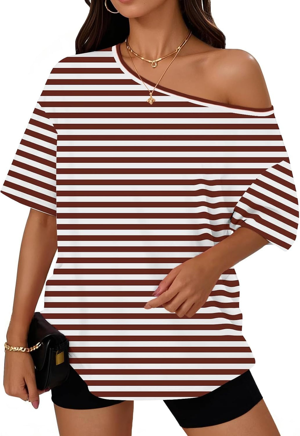 Trendy Queen Womens Off the Shoulder Tops Oversized Summer T-Shirts 2026
