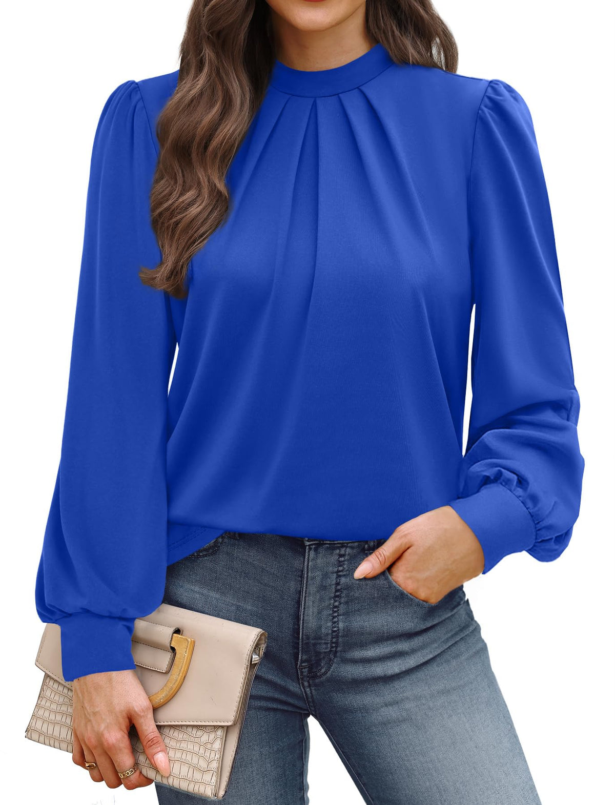WIHOLL Long Sleeve Shirts for Women Mock Neck Tops Pleated Front Blouses Dressy Casual Spring Fall Clothes 2026 Fashion