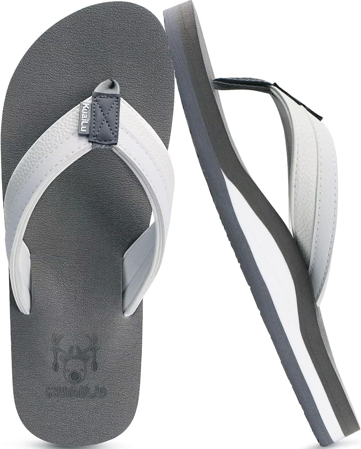 KuaiLu Mens Faux Leather Flip Flops with Comfortable Arch Support