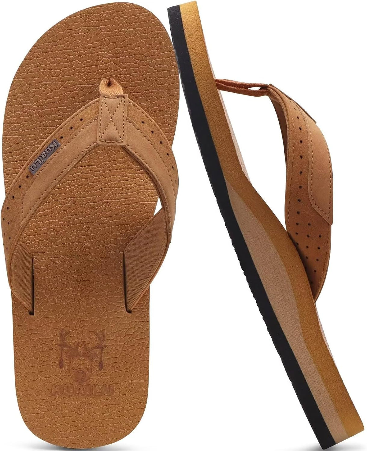 KuaiLu Mens Faux Leather Flip Flops with Comfortable Arch Support