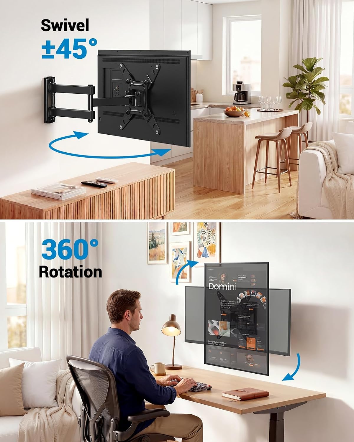 Pipishell TV Wall Mount for 26-74 inch LED LCD OLED 4K TVs up to 99lbs, Full Motion TV Mount Bracket Articulating Swivel Extension Tilting Leveling Max VESA 400x400mm, Fits 12/16 Inch Wood Studs
