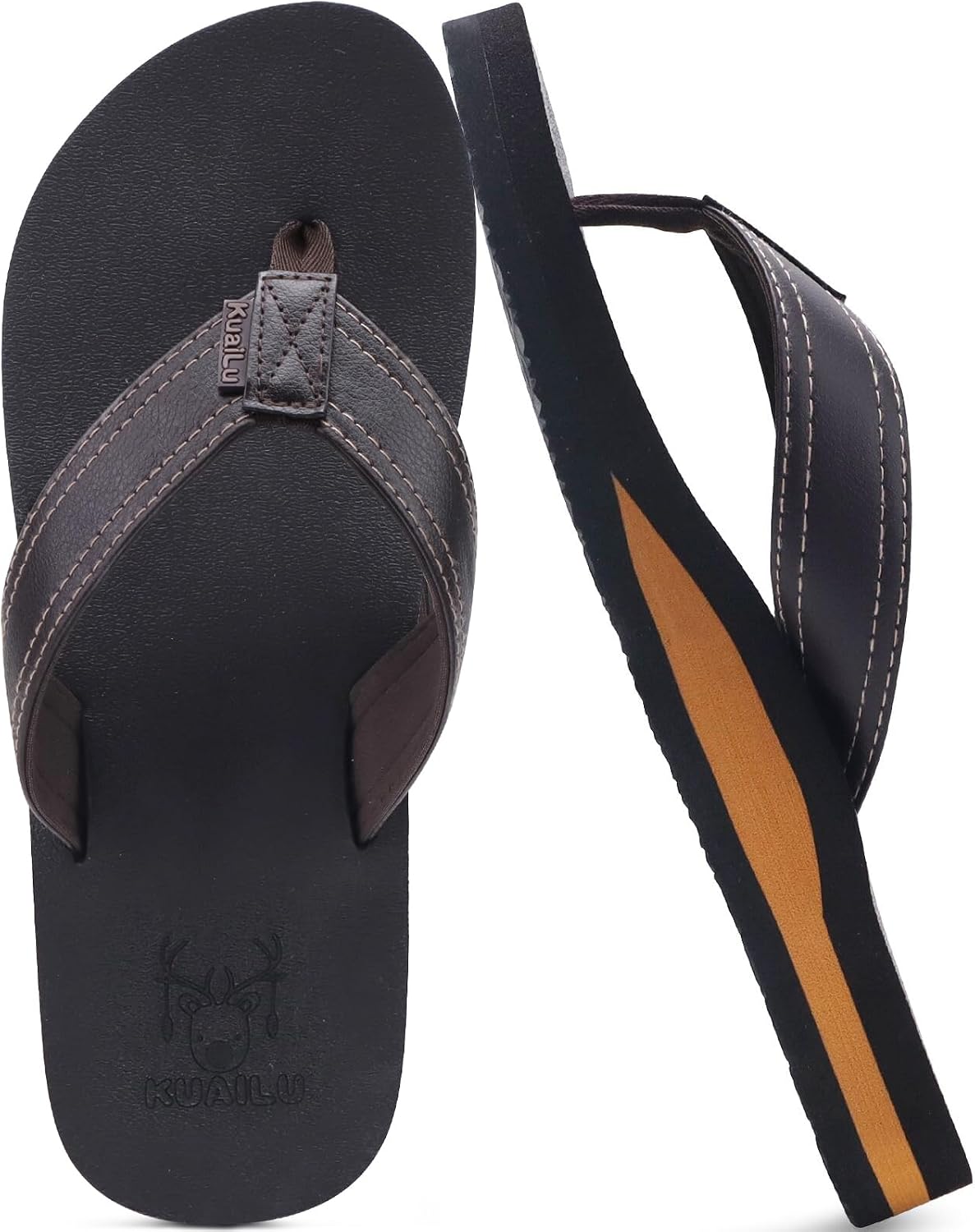 KuaiLu Mens Faux Leather Flip Flops with Comfortable Arch Support