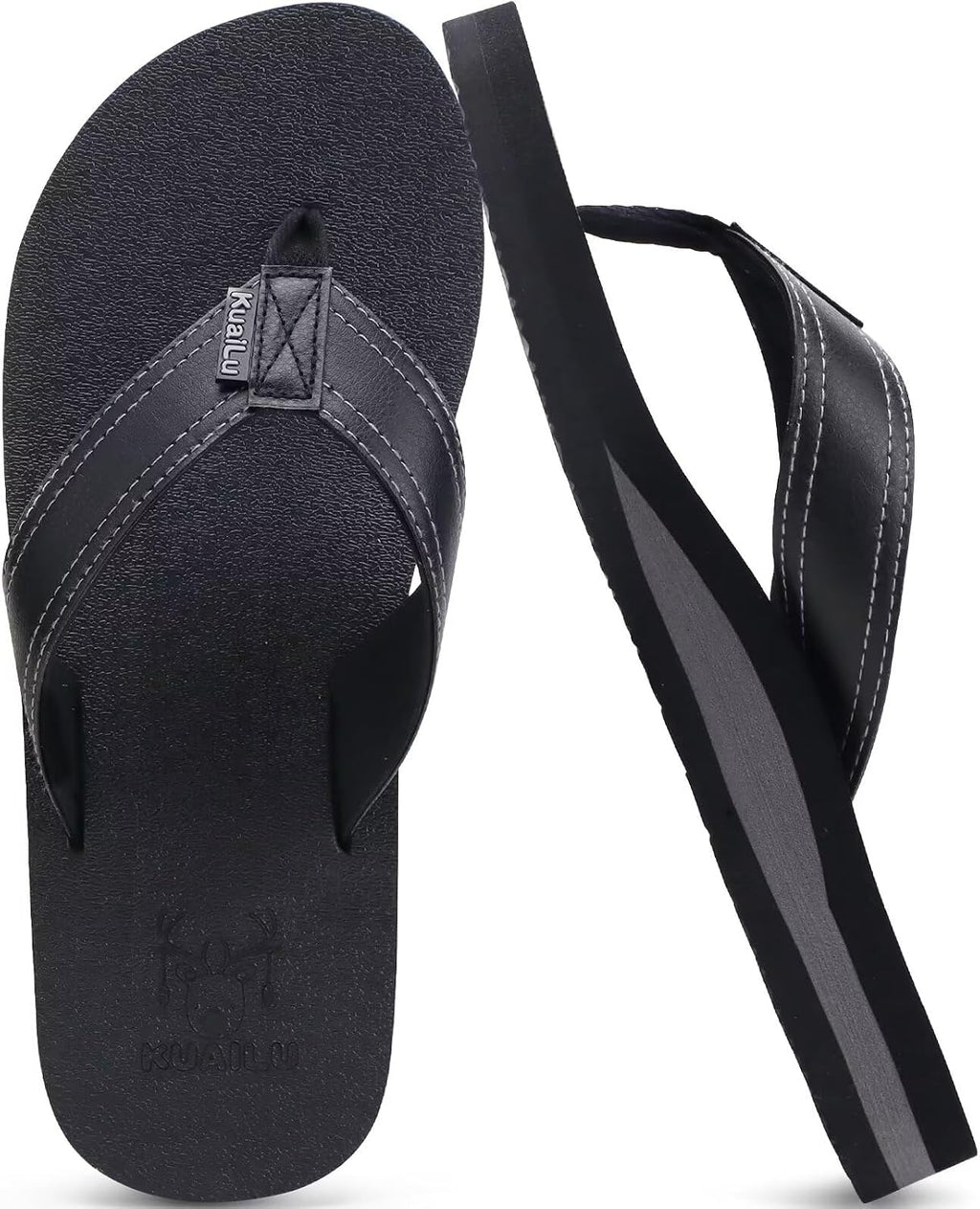 KuaiLu Mens Faux Leather Flip Flops with Comfortable Arch Support