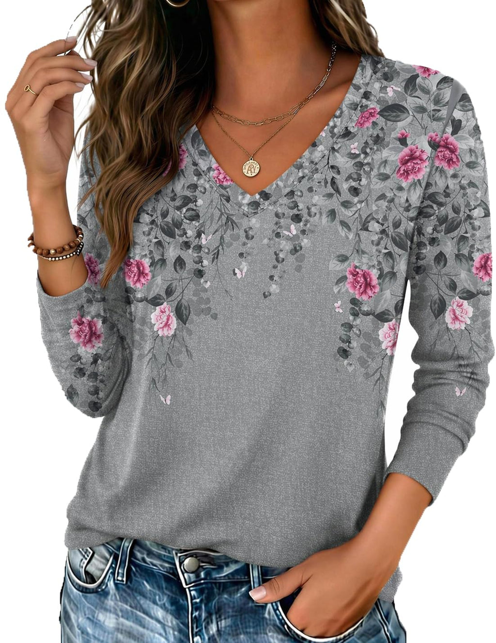 Zeagoo Womens Shirts Long Sleeve Tops V Neck Casual Basic Tee Fall Outfits