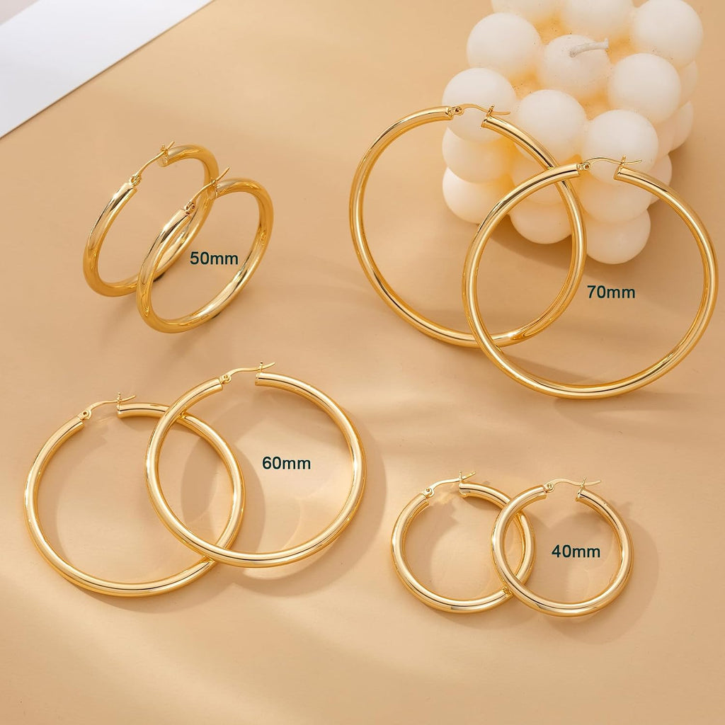 4mm Thick Gold Chunky Earrings Steling Silver Post Hoops Earrings For Women Hollow Tube Hoops Earrings Thick Gold Hoop Earrings Hypoallergenic Lightweight Gold Hoop Large Earrings 20/30/40/50/60MM