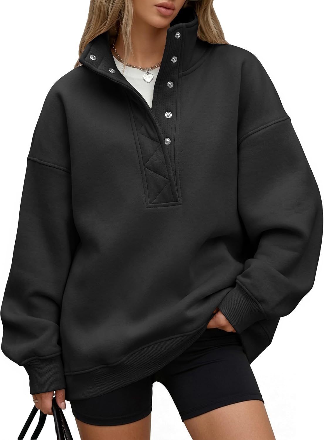 Trendy Queen Womens Oversized Sweatshirts with Snap Button Henley Collar