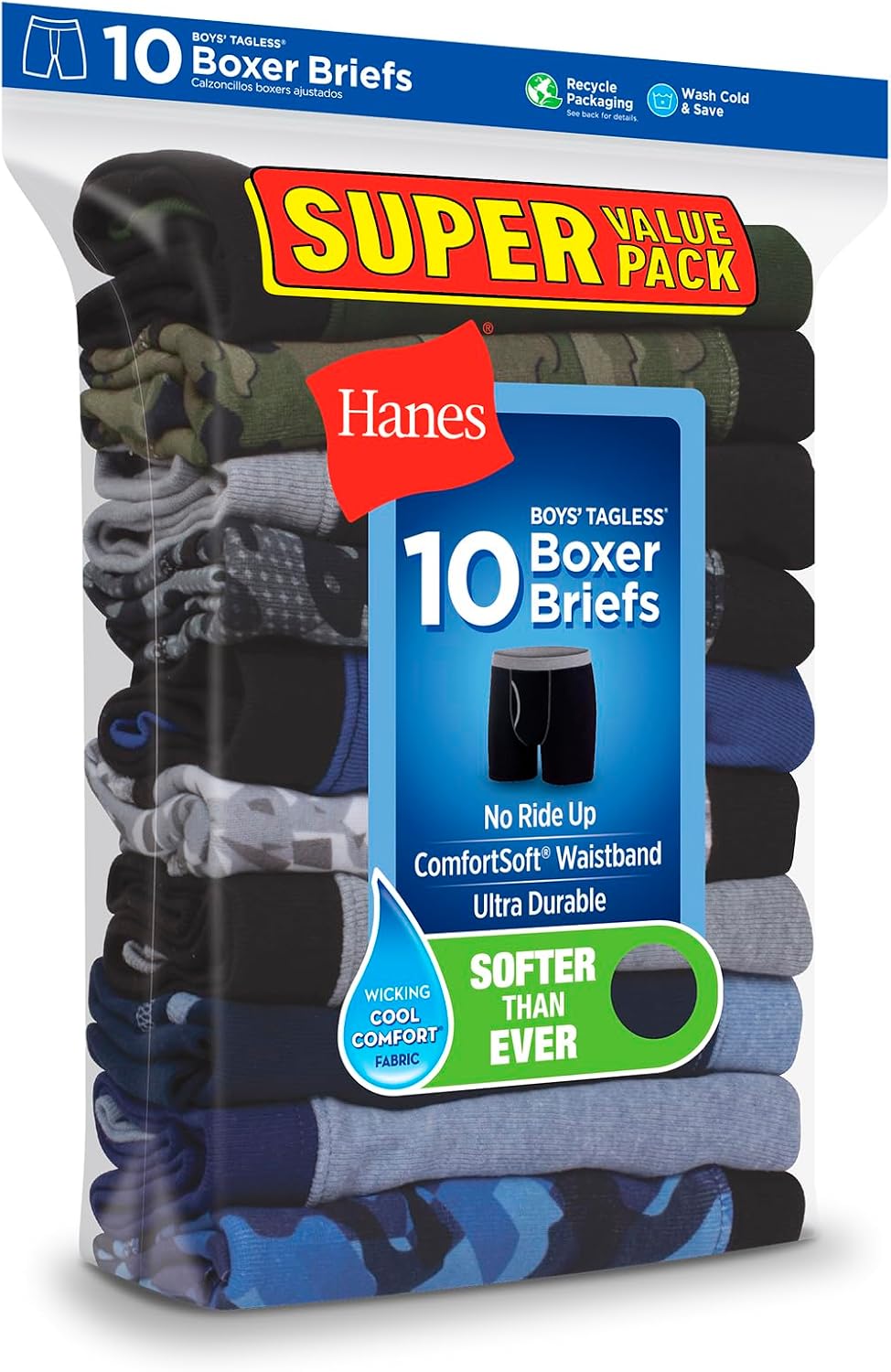 Hanes Boys' Boxer Briefs, Moisture-wicking Underwear for Boys & Toddlers, Assorted, 10 Or 12 Pack