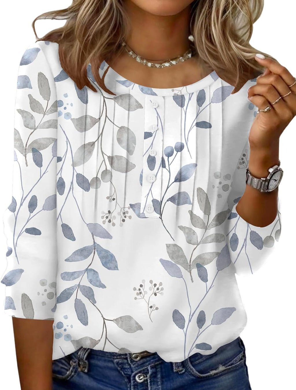 Zeagoo 3/4 Length Sleeve Womens Tops Round Neck Casual Summer Tunic Tops Basic Tees Blouses Dressy T-Shirts Pleated Shirts