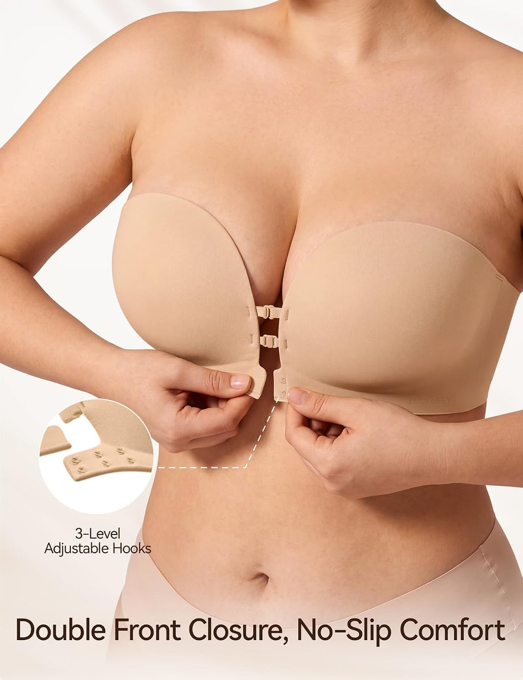 LUCKMEEY Women's Strapless Front Closure Push Up Bra, Non-Slip Removable Straps, Wireless Seamless, A-C Cup