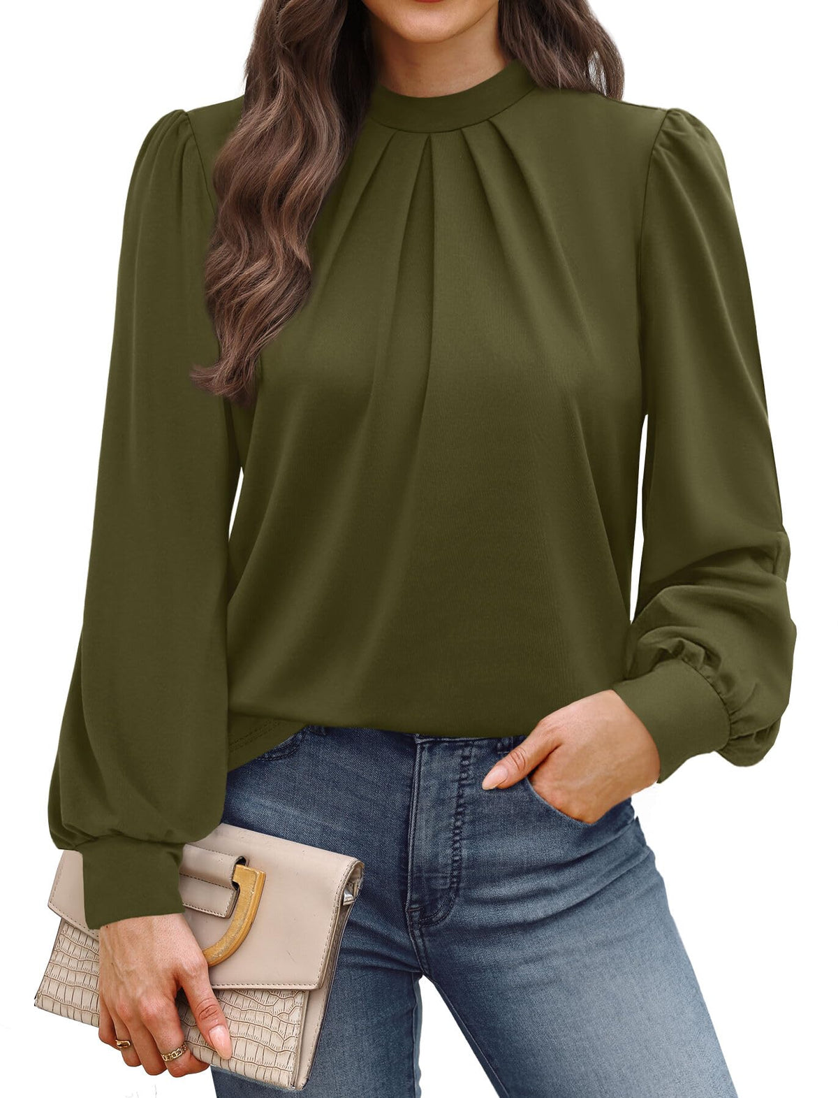 WIHOLL Long Sleeve Shirts for Women Mock Neck Tops Pleated Front Blouses Dressy Casual Spring Fall Clothes 2026 Fashion