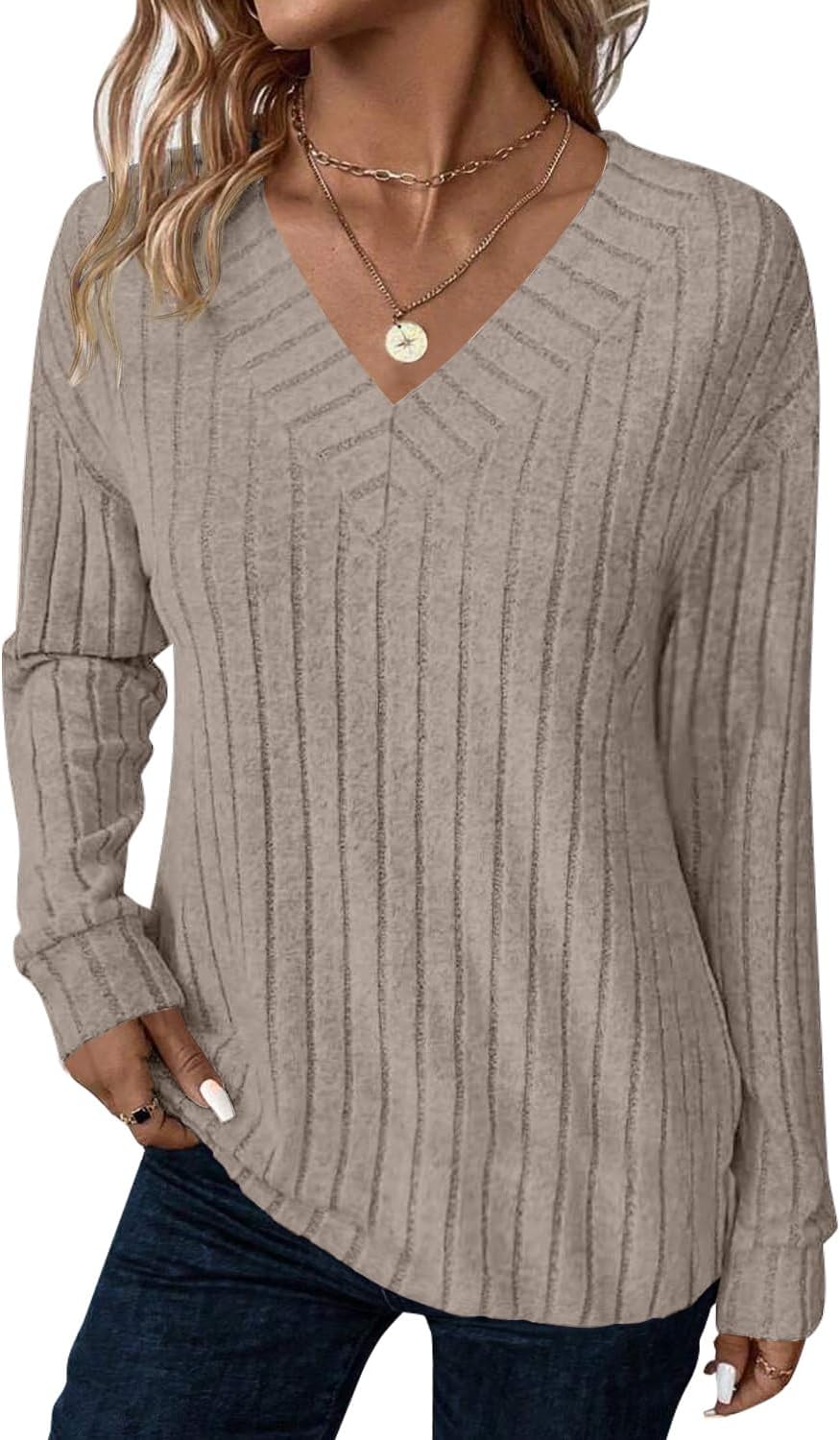 JUSTFASHIONNOW Long Sleeve V Neck Shirts for Women Lightweight Sweaters