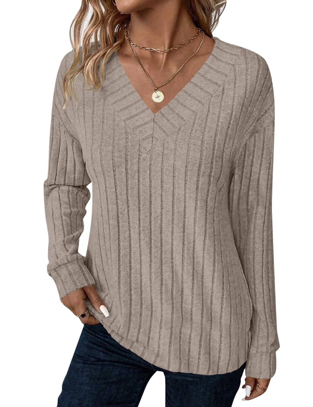 JUSTFASHIONNOW Long Sleeve V Neck Shirts for Women Lightweight Sweaters