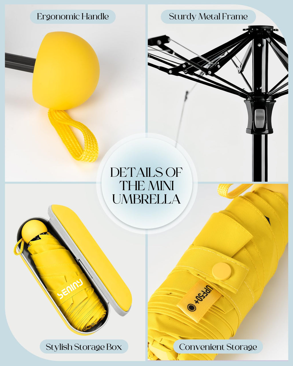Seniny Mini Travel Umbrella with Case, Compact Pocket Size UV Sun & Rain