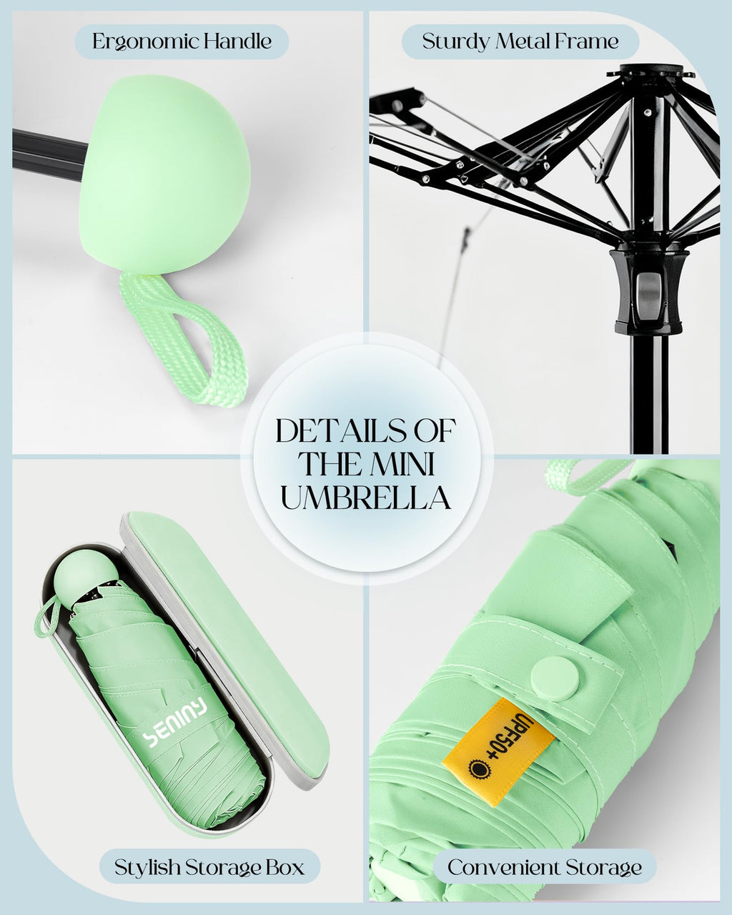 Seniny Mini Travel Umbrella with Case, Compact Pocket Size UV Sun & Rain