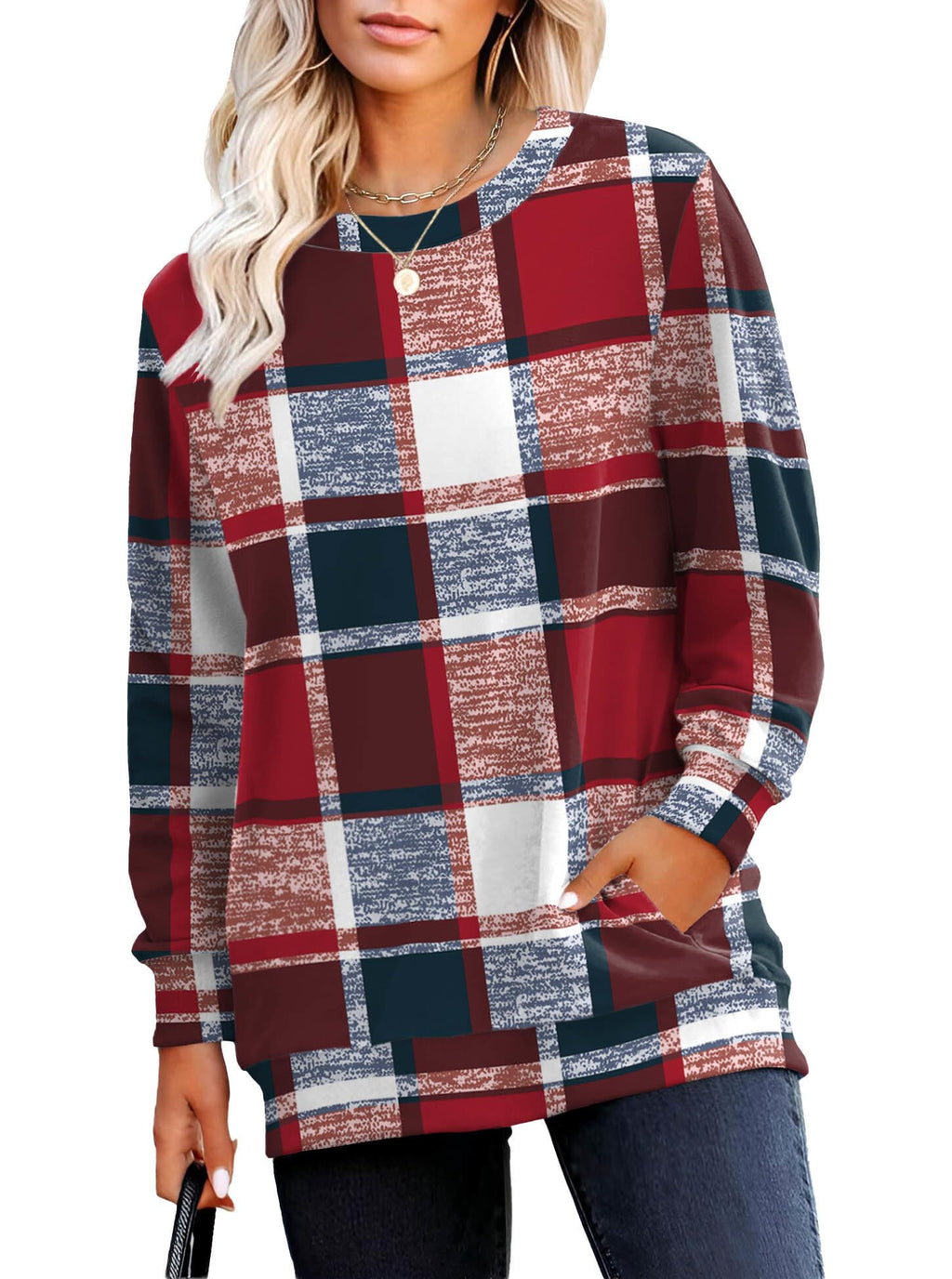 RUMIA Crewneck Fall Sweatshirt for Women Plain Long Sleeve Top with Pocket