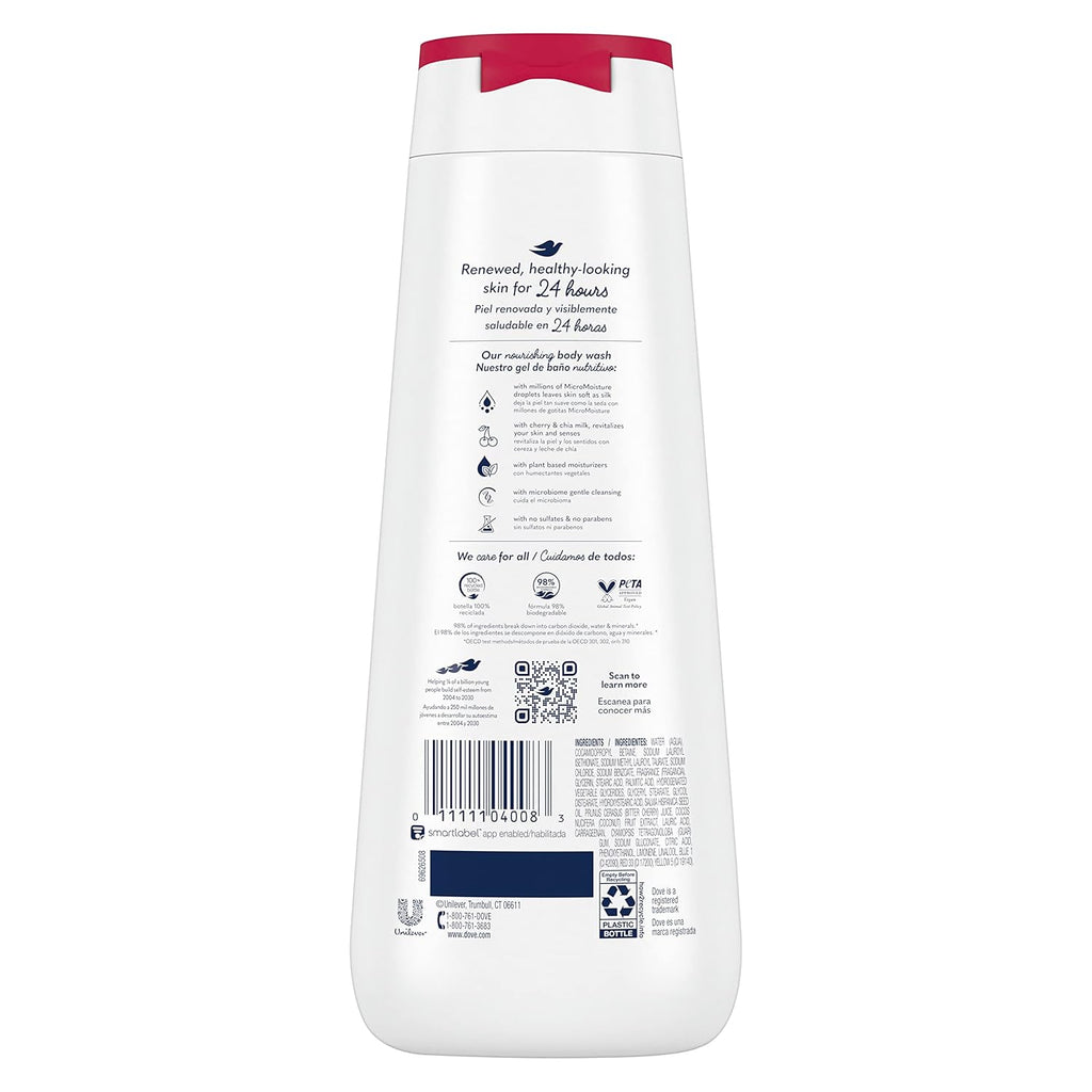 Dove Body Wash Revitalizante Cherry & Chia Milk 4 Count for Renewed, Healthy-Looking Skin Gentle Skin Cleanser with 24hr Renewing MicroMoisture 20 oz