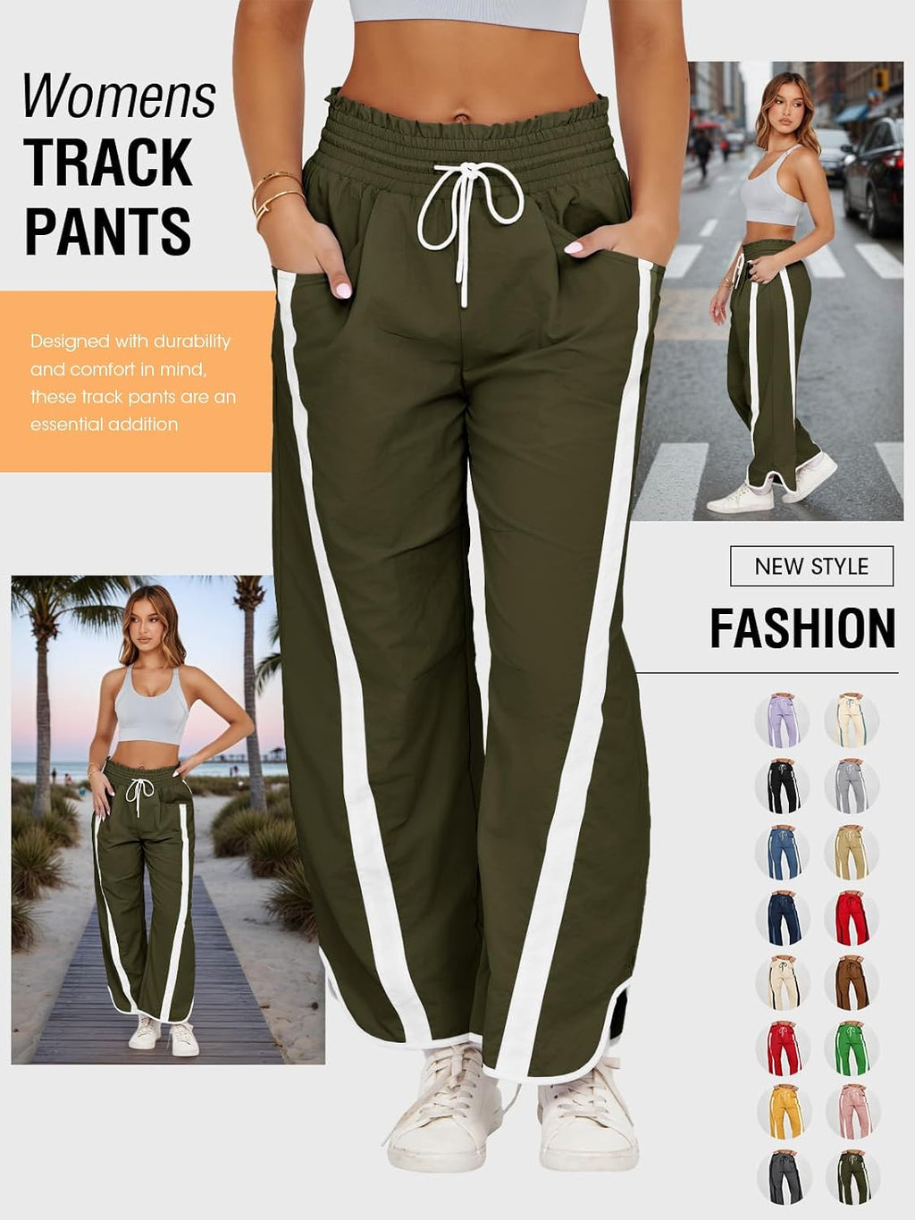 Fisoew Women's Baggy Wide Leg Pants Casual Drawstring Elastic Waisted Contrast Color Workout Y2K Track Pants