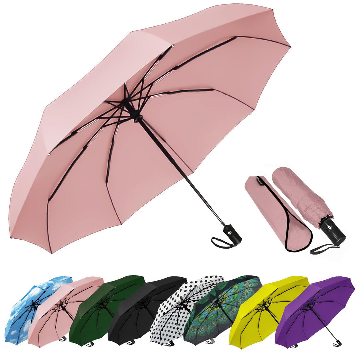 SIEPASA Windproof Travel Umbrella - Automatic Compact Folding Umbrella for Rain, Small Portable Windproof Umbrellas for Men Women and Teenagers (Navy Blue)