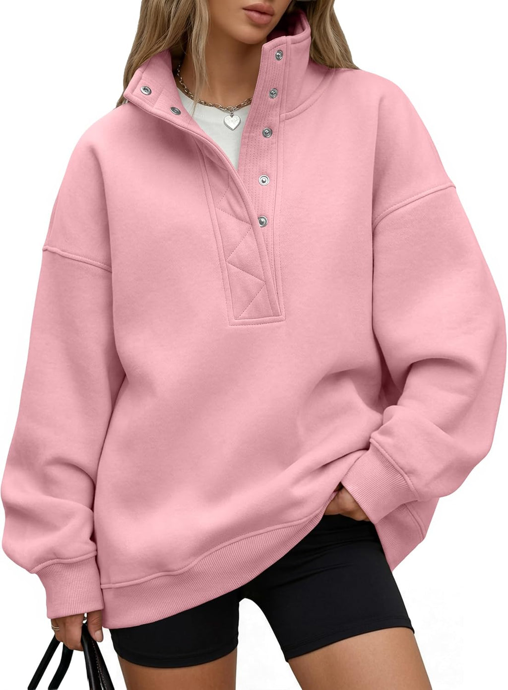 Trendy Queen Womens Oversized Sweatshirts with Snap Button Henley Collar