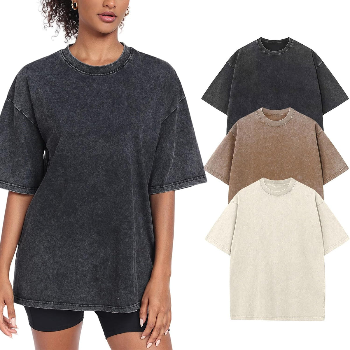 Womens Washed Vintage Oversized T-Shirt Baggy Workout Tops Short Sleeve Cotton Tshirts Streetwear Boyfriend Tee