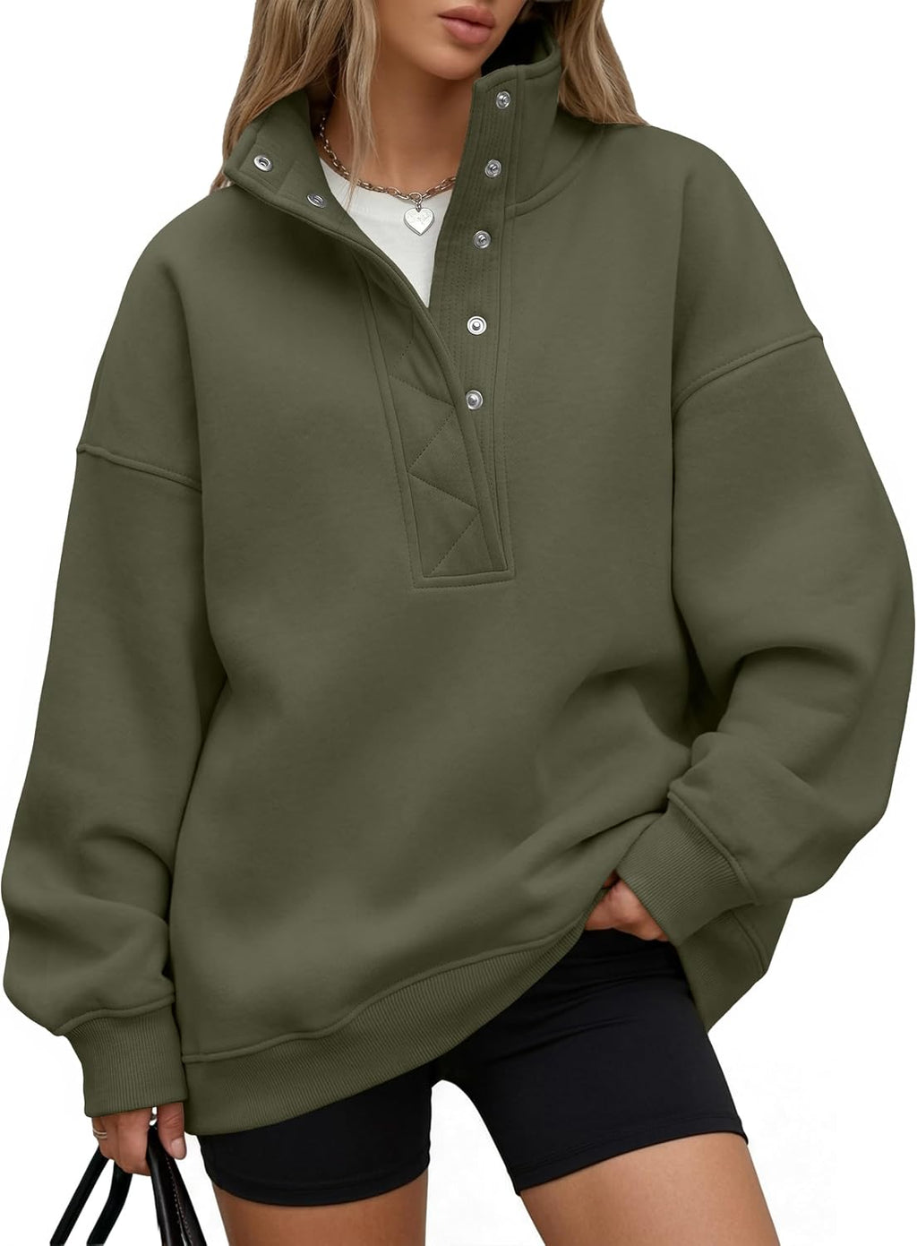 Trendy Queen Womens Oversized Sweatshirts with Snap Button Henley Collar