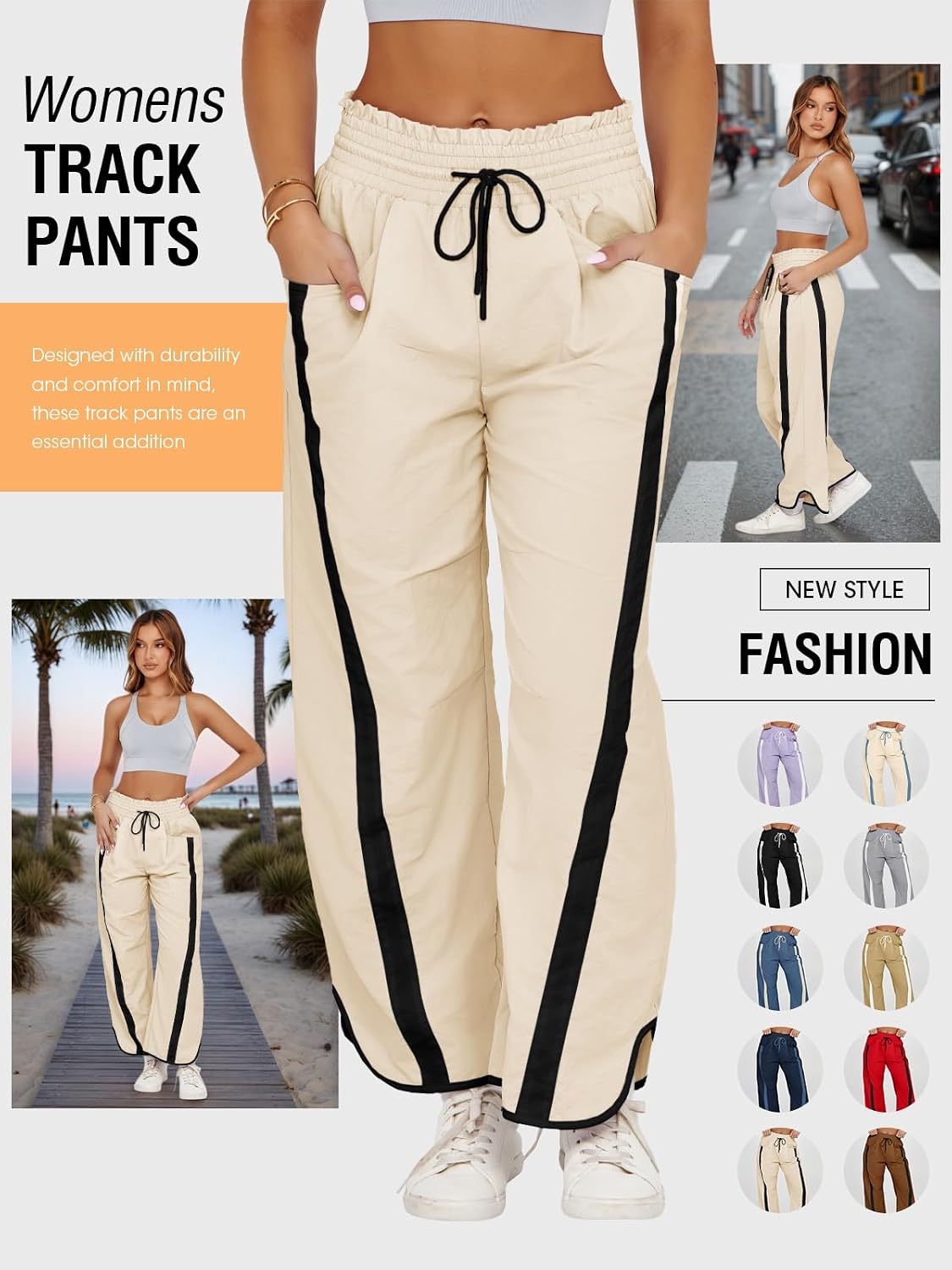 Fisoew Women's Baggy Wide Leg Pants Casual Drawstring Elastic Waisted Contrast Color Workout Y2K Track Pants