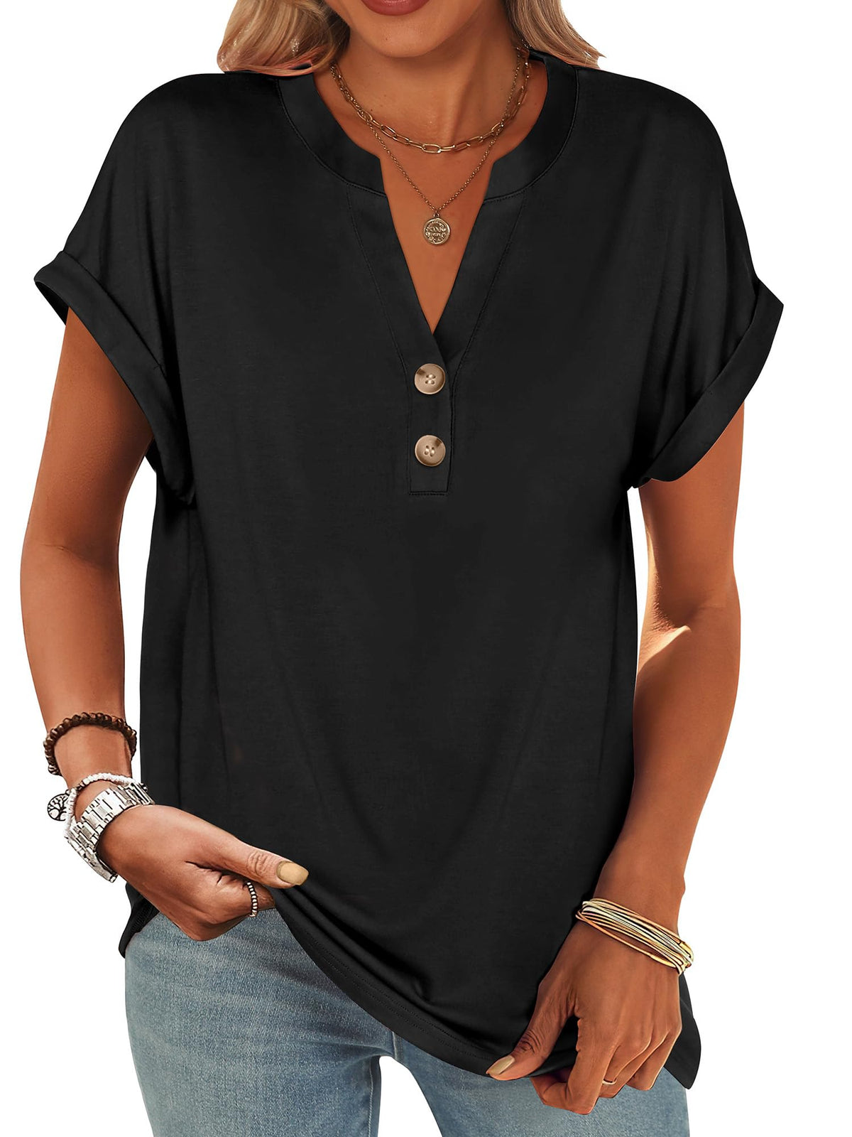 ANRABESS Womens Short Sleeve Henley Tops Summer Shirts Dressy Casual Blouse