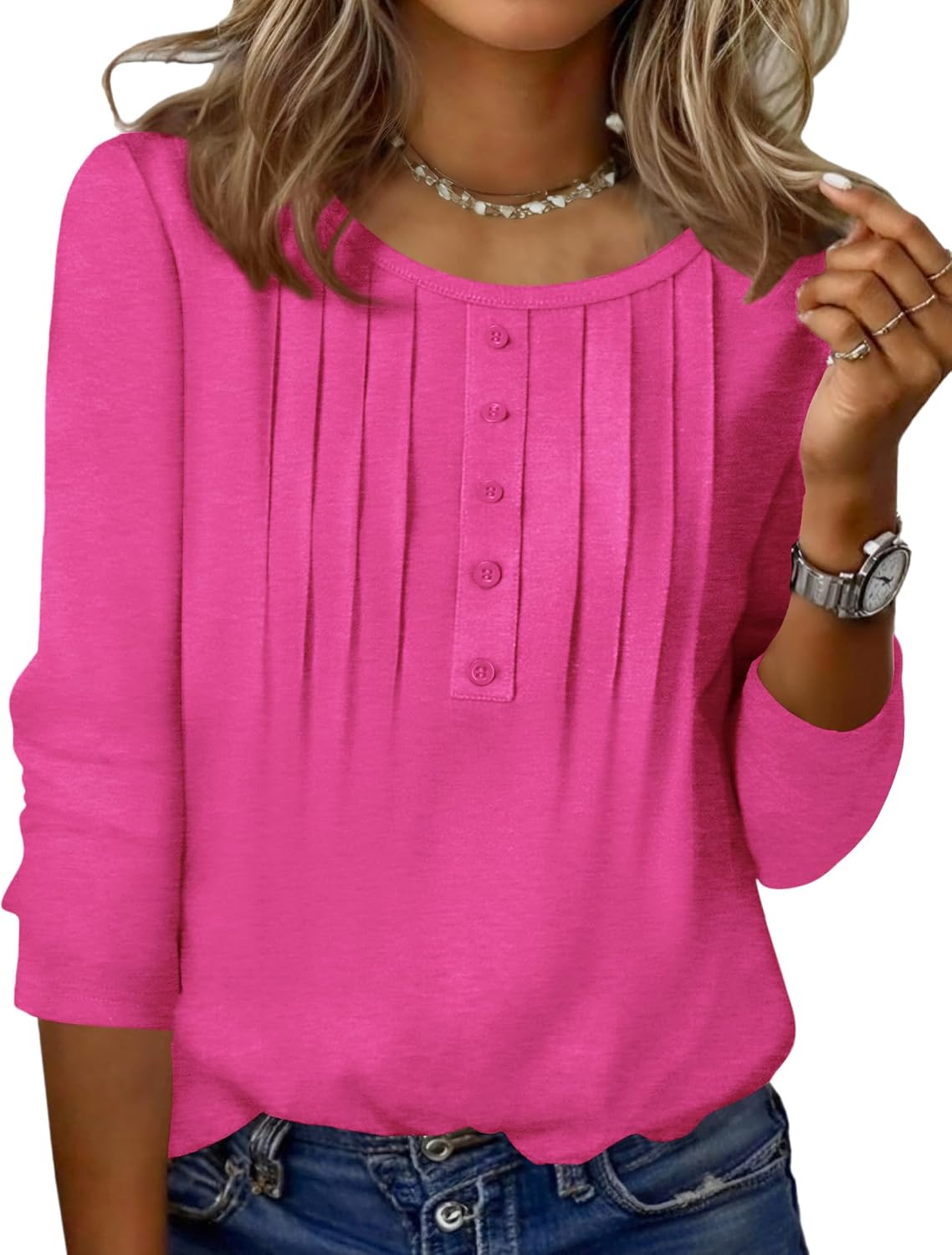 Zeagoo 3/4 Length Sleeve Womens Tops Round Neck Casual Summer Tunic Tops Basic Tees Blouses Dressy T-Shirts Pleated Shirts