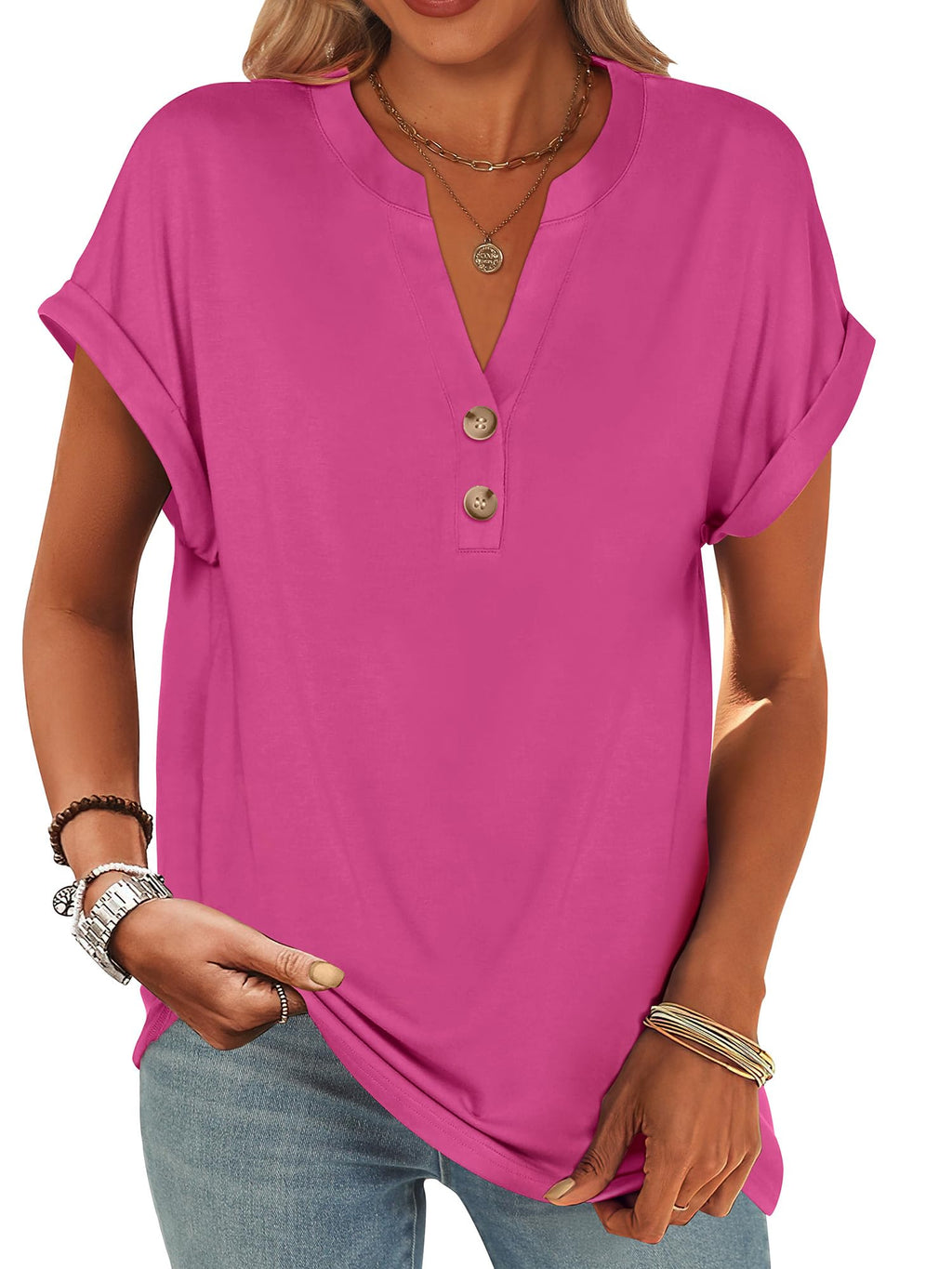 ANRABESS Womens Short Sleeve Henley Tops Summer Shirts Dressy Casual Blouse