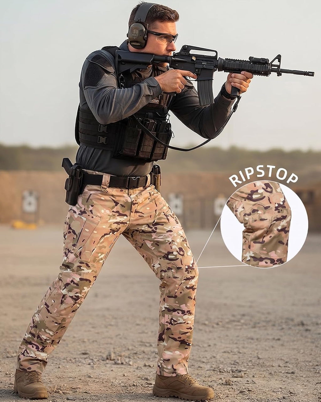 Men's Stretch Tactical Pants Waterproof Ripstop Fabric Cargo Pants Lightweight Casual Hiking Outdoor Work Pants (No Belt)