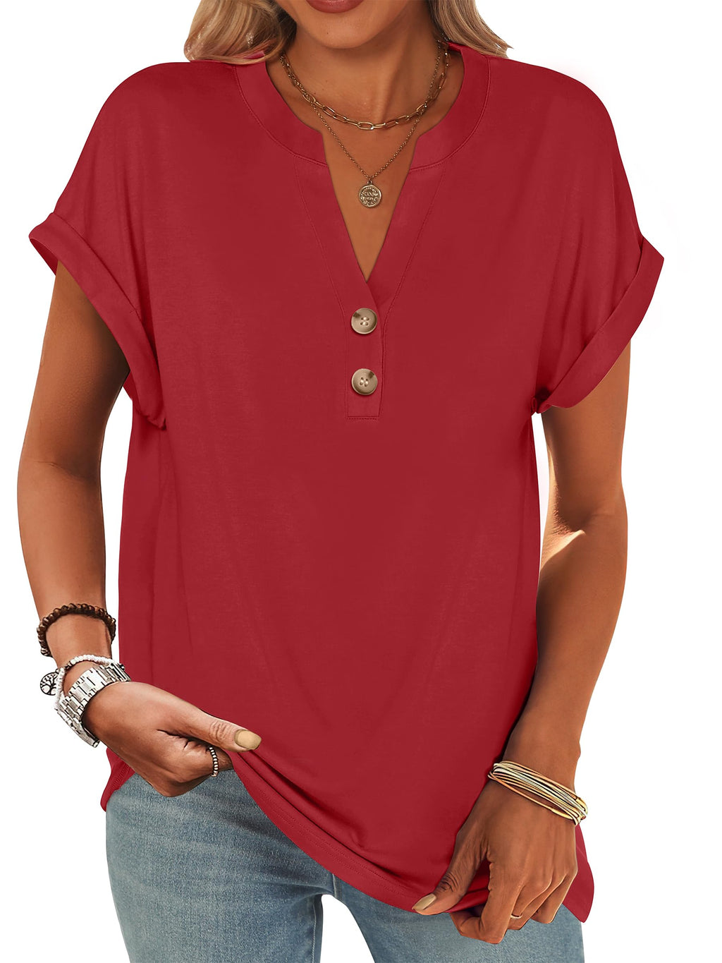 ANRABESS Womens Short Sleeve Henley Tops Summer Shirts Dressy Casual Blouse