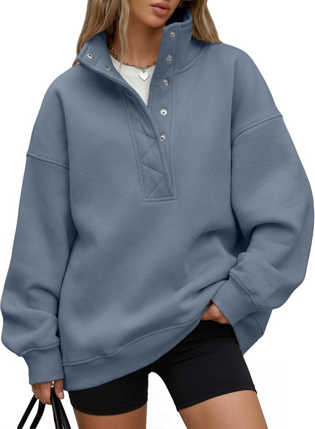 Trendy Queen Womens Oversized Sweatshirts with Snap Button Henley Collar