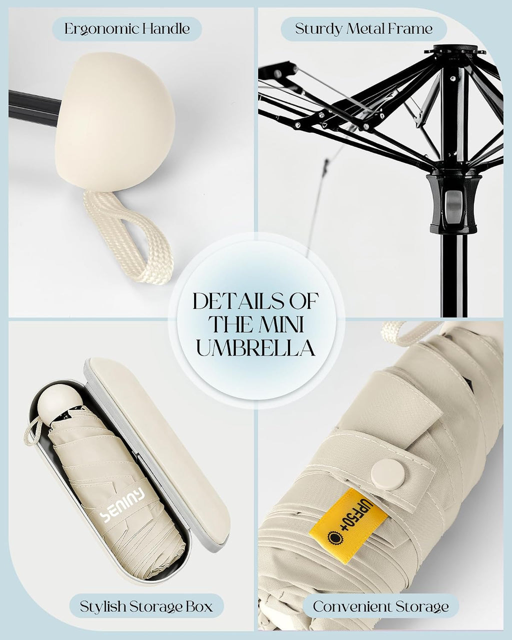 Seniny Mini Travel Umbrella with Case, Compact Pocket Size UV Sun & Rain