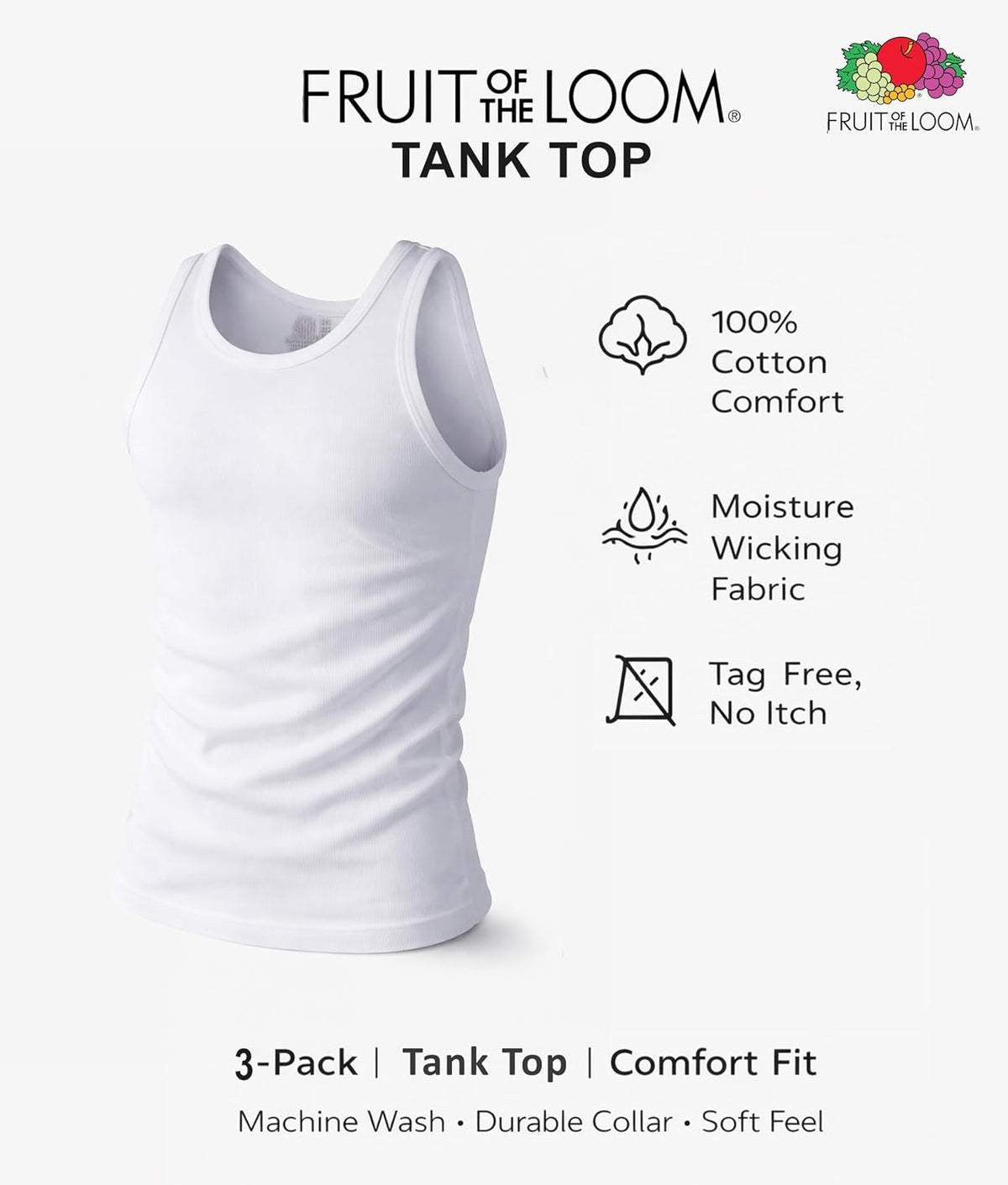 Fruit of the Loom Men's Sleeveless Tag Free Moisture Wicking Tank A-Shirt
