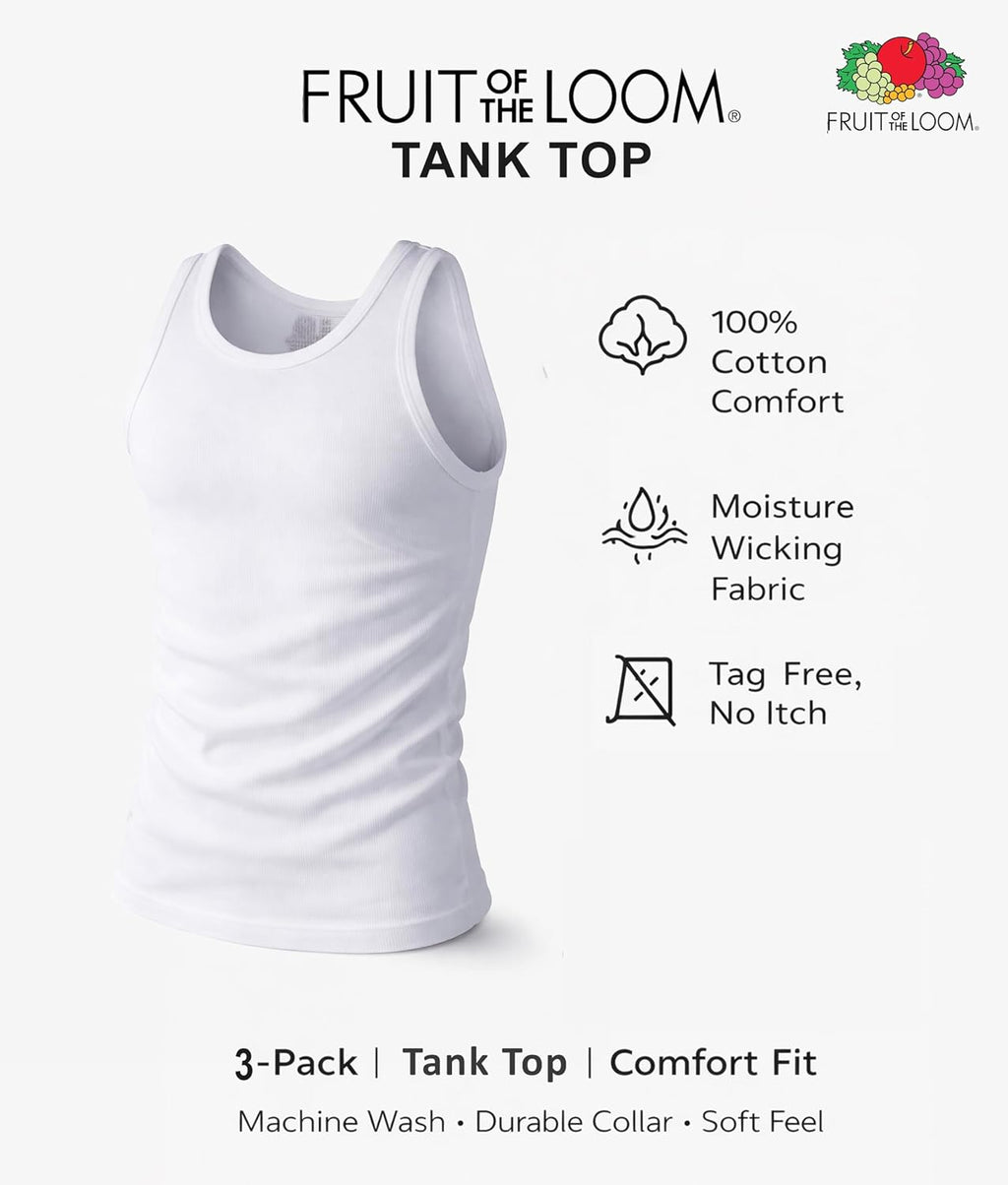 Fruit of the Loom Men's Sleeveless Tag Free Moisture Wicking Tank A-Shirt