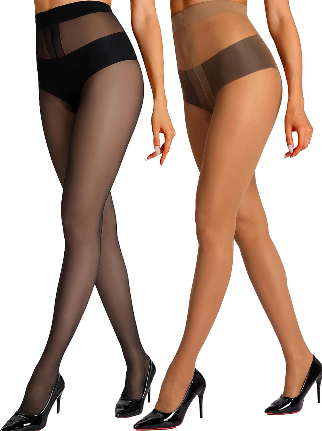 HONENNA Sheer Tights for Women 2 Pairs Ultra Thin Reinforced T Crotch Control Top Pantyhose Stockings