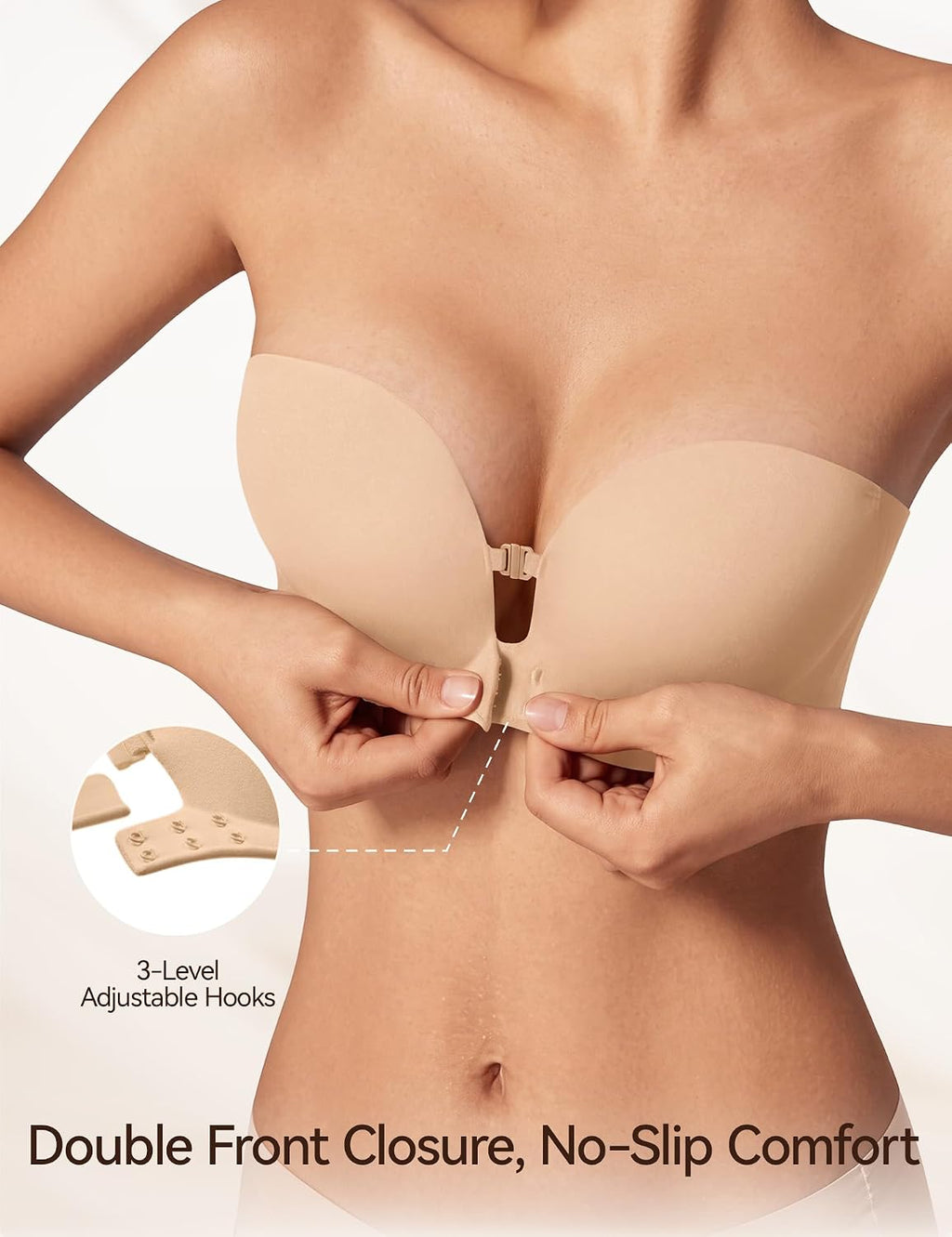 LUCKMEEY Women's Strapless Front Closure Push Up Bra, Non-Slip Removable Straps, Wireless Seamless, A-C Cup