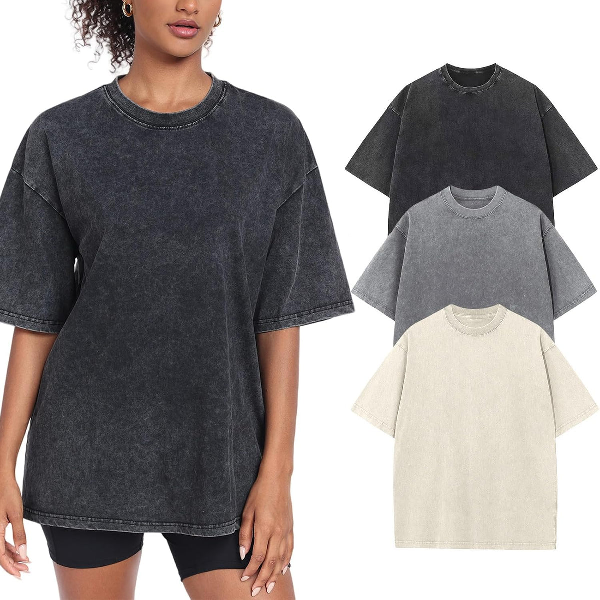 Womens Washed Vintage Oversized T-Shirt Baggy Workout Tops Short Sleeve Cotton Tshirts Streetwear Boyfriend Tee