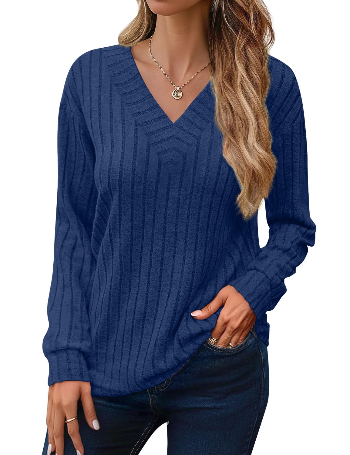 JUSTFASHIONNOW Long Sleeve V Neck Shirts for Women Lightweight Sweaters